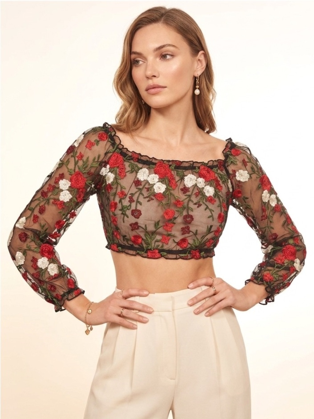 Sheer Floral Print Embroidery Red White Black Crop Top Size Small